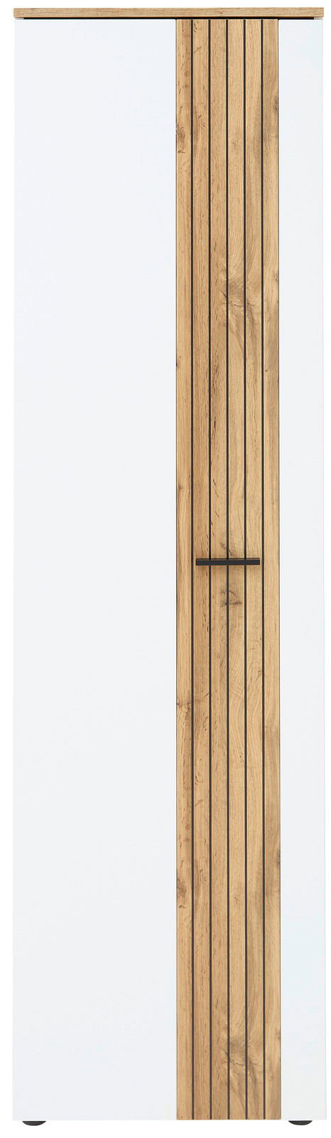 Frontansicht eines modernen Garderobenschranks mit weißer und holzfarbener Tür.
