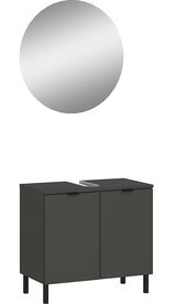 Frontale Ansicht eines modernen Badmöbel-Sets mit rundem Spiegel und schwarzem Unterschrank mit zwei Türen.