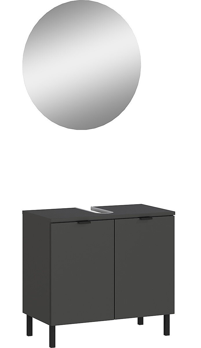 MID.YOU Badmöbel-Set ARCENA Frontale Ansicht eines modernen Badmöbel-Sets mit rundem Spiegel und schwarzem Unterschrank mit zwei Türen.