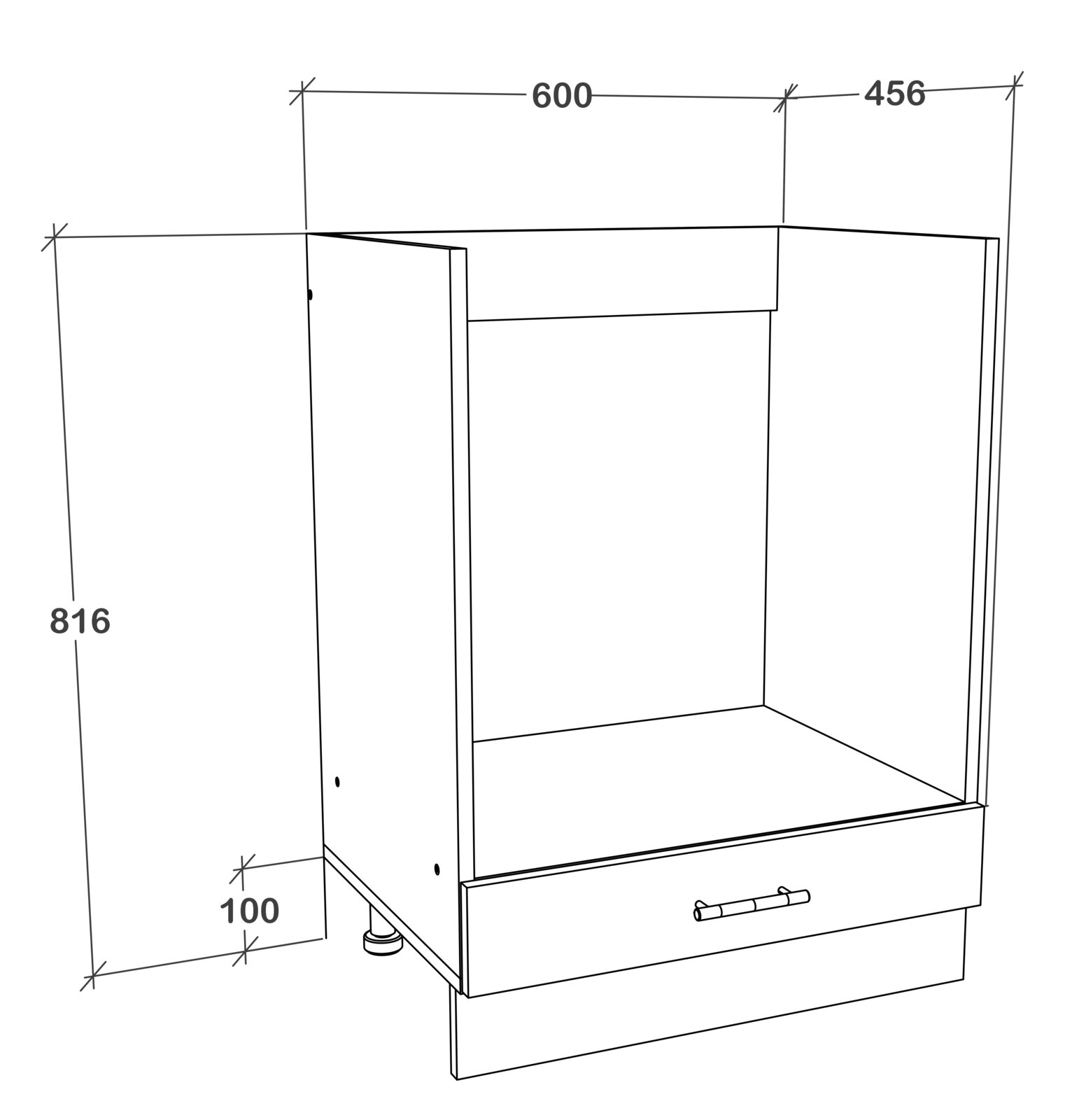 Technische 3D-Strichzeichnung eines offenen Unterschranks/Küchenmoduls mit Auszug und Griff, Maße ca. 600 mm Breite, 456 mm Tiefe, 816 mm Höhe und 100 mm Sockelhöhe, perspektivische Ansicht von schräg vorne rechts.