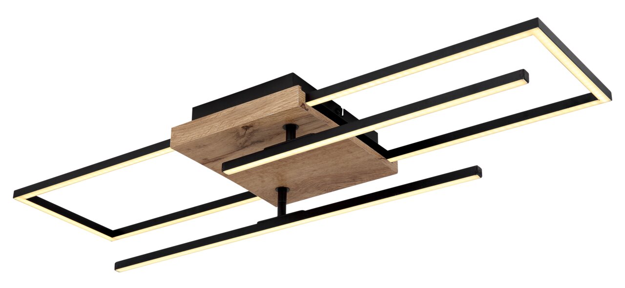 Moderne Deckenleuchte mit rechteckigem Holz- und Metallrahmen, seitliche Perspektive
