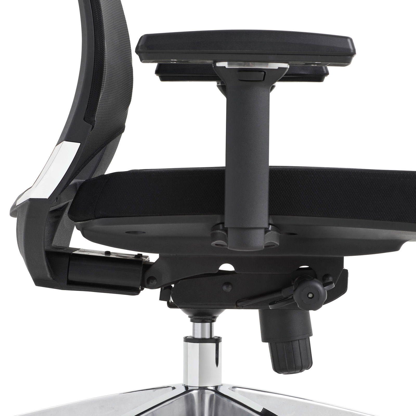 Seitenansicht eines modernen Drehstuhls mit verstellbarer Armlehne und ergonomischem Design.