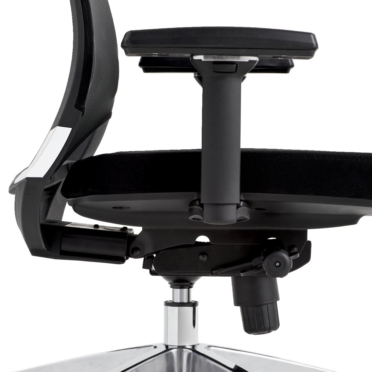 Zijaanzicht van een moderne draaistoel met verstelbare armleuning en een ergonomisch ontwerp.