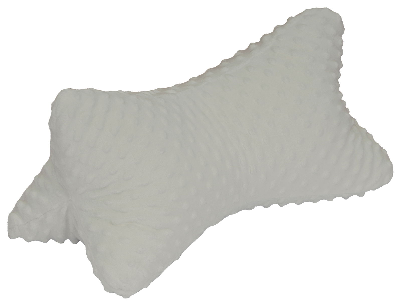 Weißer Leseknochen aus weichem Material mit Noppenstruktur, seitliche Perspektive