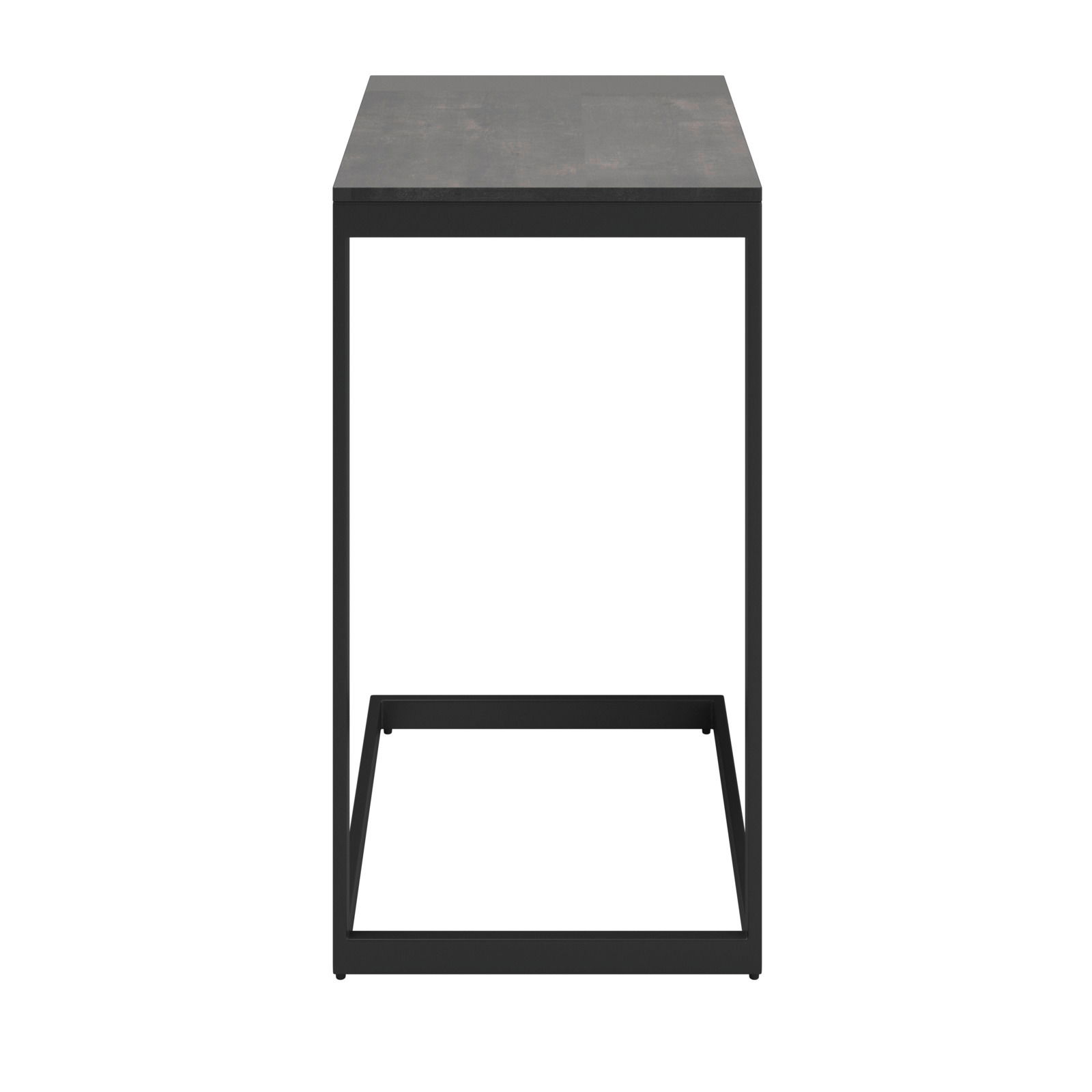 Moderner Beistelltisch mit schwarzem Metallrahmen und rechteckiger Tischplatte, Frontalansicht.