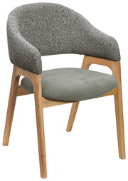 Moderner Armlehnstuhl mit grauem Stoffbezug und Holzgestell, seitliche Perspektive