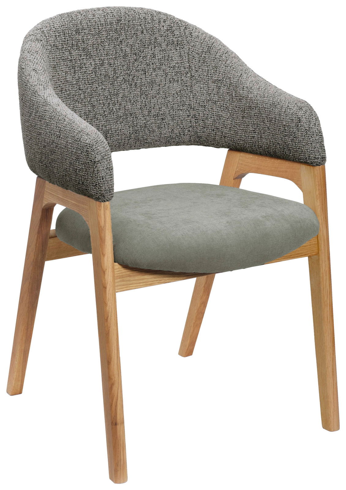 Moderner Armlehnstuhl mit grauem Stoffbezug und Holzgestell, seitliche Perspektive