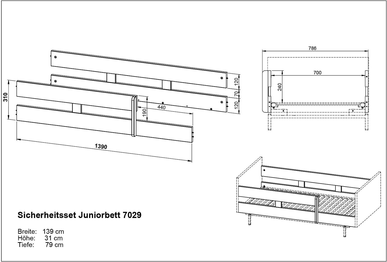 Technische Zeichnung eines Sicherheitssets für ein Juniorbett, bestehend aus Schutzgittern mit den Maßen 139 cm Breite, 31 cm Höhe und 79 cm Tiefe. Perspektive zeigt eine seitliche und isometrische Ansicht des Bettes.