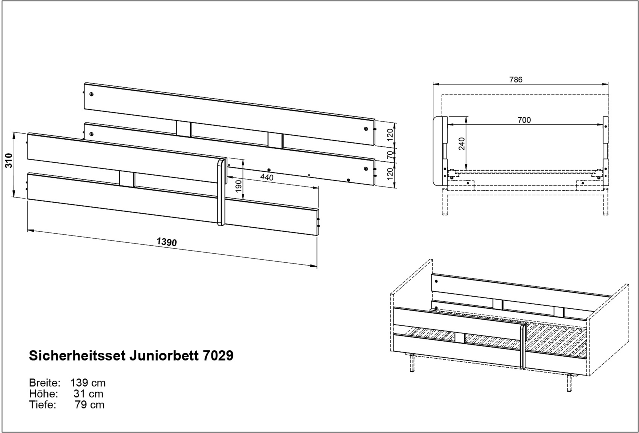 Technische Zeichnung eines Sicherheitssets für ein Juniorbett, bestehend aus Schutzgittern mit den Maßen 139 cm Breite, 31 cm Höhe und 79 cm Tiefe. Perspektive zeigt eine seitliche und isometrische Ansicht des Bettes.