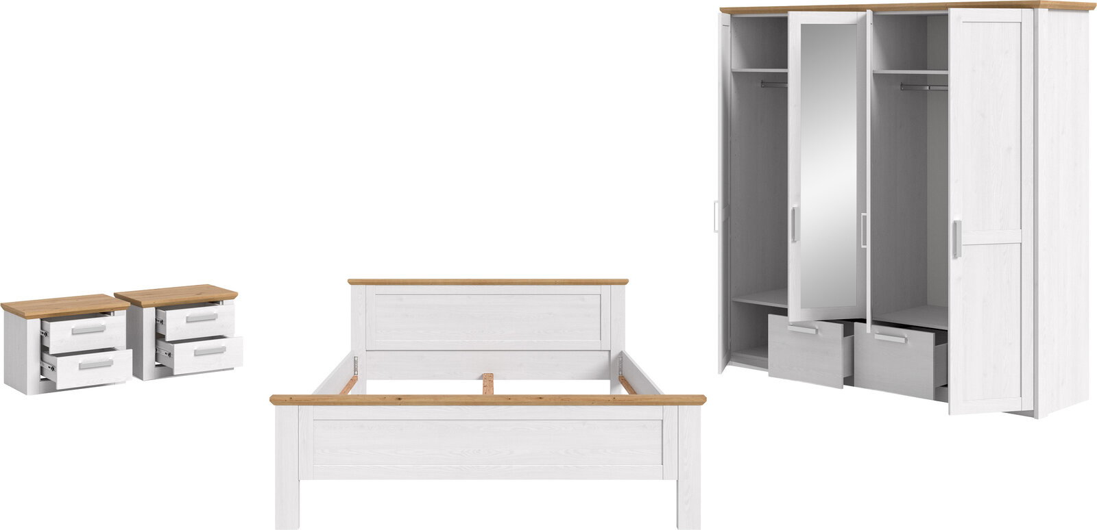 Schlafzimmermöbel-Set in Weiß mit Holzoptik-Akzenten: Doppelbettgestell, zwei Nachttische mit Schubladen und Kleiderschrank mit Spiegeltür, Kleiderstangen und Schubladen, dargestellt in Frontansicht mit leicht schräger Perspektive