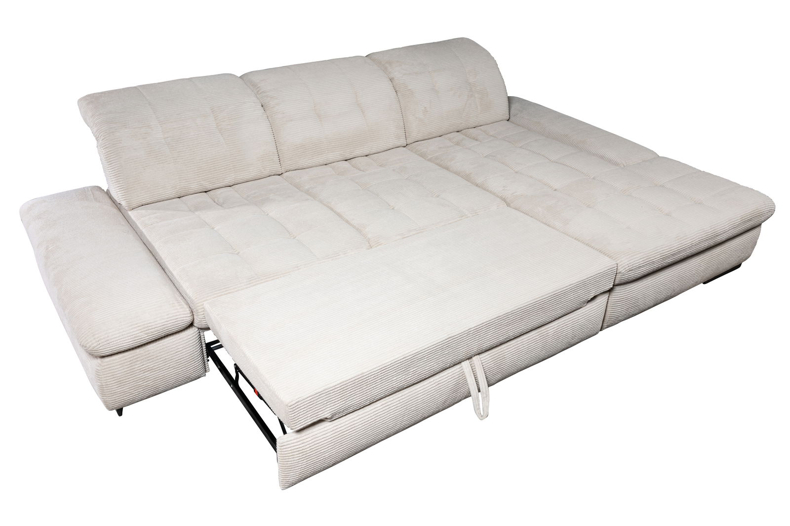 Beige Ecksofa mit ausziehbarer Liegefläche, Perspektive von oben.
