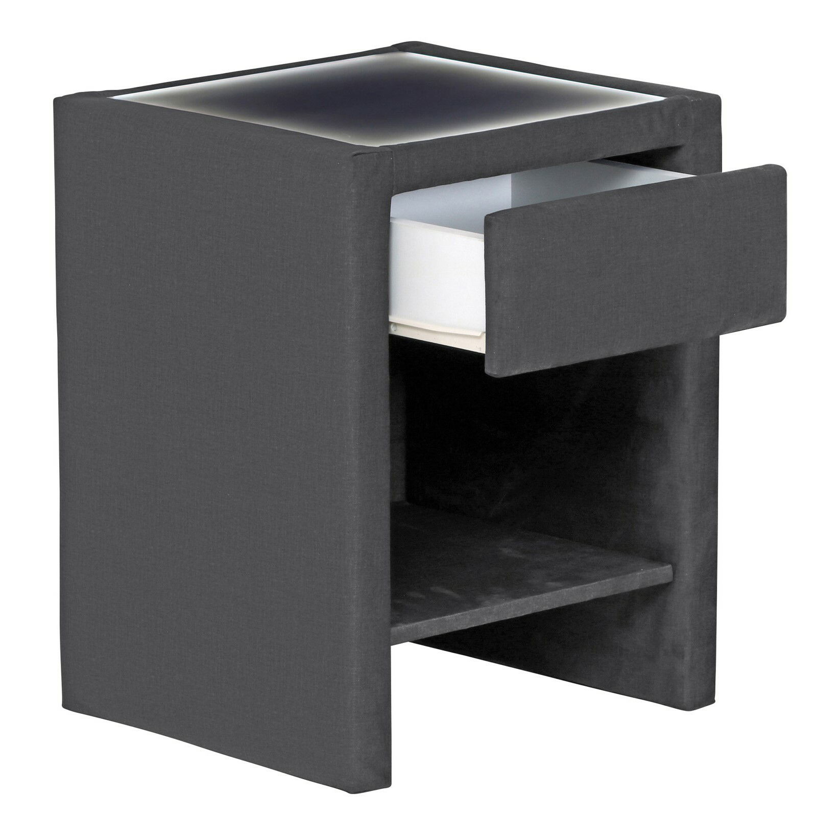 Moderne Nachtkommode in dunklem Stoffbezug mit einer offenen Schublade, seitliche Perspektive