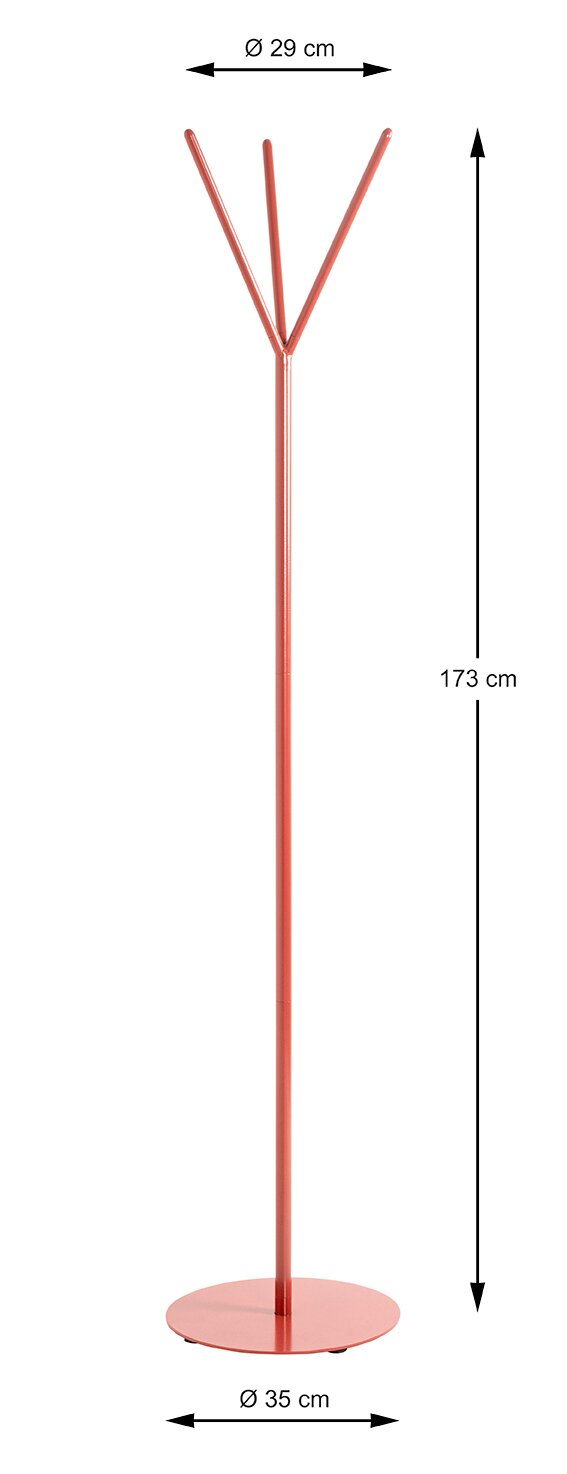Roter Standgarderobenständer aus Metall mit rundem Fuß (Ø 35 cm) und drei Haken oben (Ø 29 cm), Höhe 173 cm, freigestellt auf weißem Hintergrund, Frontansicht.