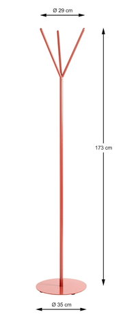 Roter Standgarderobenständer aus Metall mit rundem Fuß (Ø 35 cm) und drei Haken oben (Ø 29 cm), Höhe 173 cm, freigestellt auf weißem Hintergrund, Frontansicht.