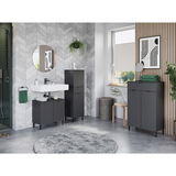 Modernes Badezimmer-Set in dunklem Design mit Waschbecken, Spiegel und Schränken, seitliche Perspektive