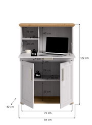 Frontansicht eines kompakten Sekretärschranks in Weiß mit Holzplatte, offener Arbeitsfläche und Stauraumfächern, mit eingezeichneten Maßen (Höhe 122 cm, Breite 84 cm, Tiefe 42 cm) und geöffneten Türen.