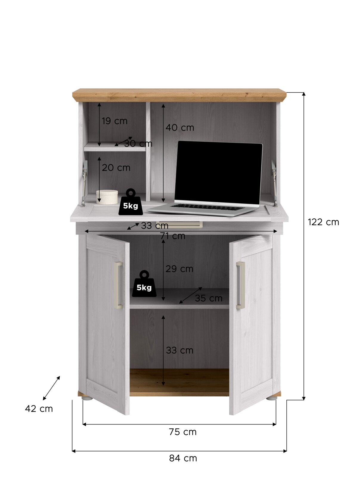 Frontansicht eines kompakten Sekretärschranks in Weiß mit Holzplatte, offener Arbeitsfläche und Stauraumfächern, mit eingezeichneten Maßen (Höhe 122 cm, Breite 84 cm, Tiefe 42 cm) und geöffneten Türen.