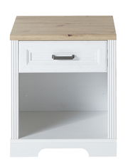 Weißer Rollcontainer mit Holzplatte und einer Schublade, frontale Ansicht