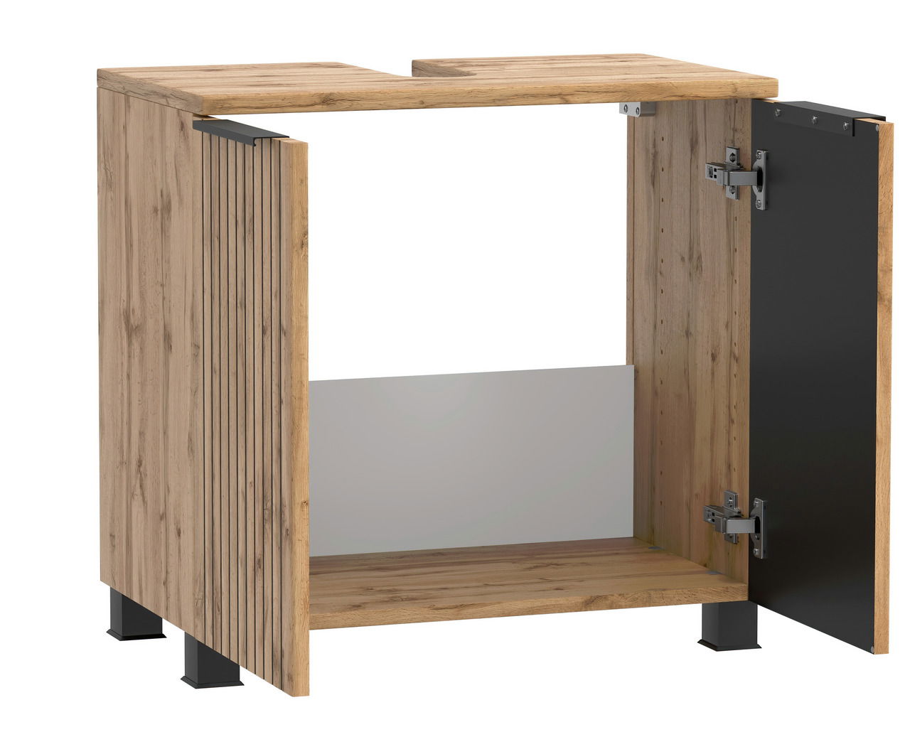 Waschbeckenunterschrank aus Holz mit geöffneter Tür, seitliche Perspektive
