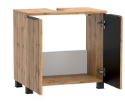 Waschbeckenunterschrank aus Holz mit geöffneter Tür, seitliche Perspektive