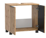 Waschbeckenunterschrank aus Holz mit geöffneter Tür, seitliche Perspektive