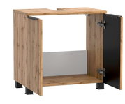 Waschbeckenunterschrank aus Holz mit geöffneter Tür, seitliche Perspektive
