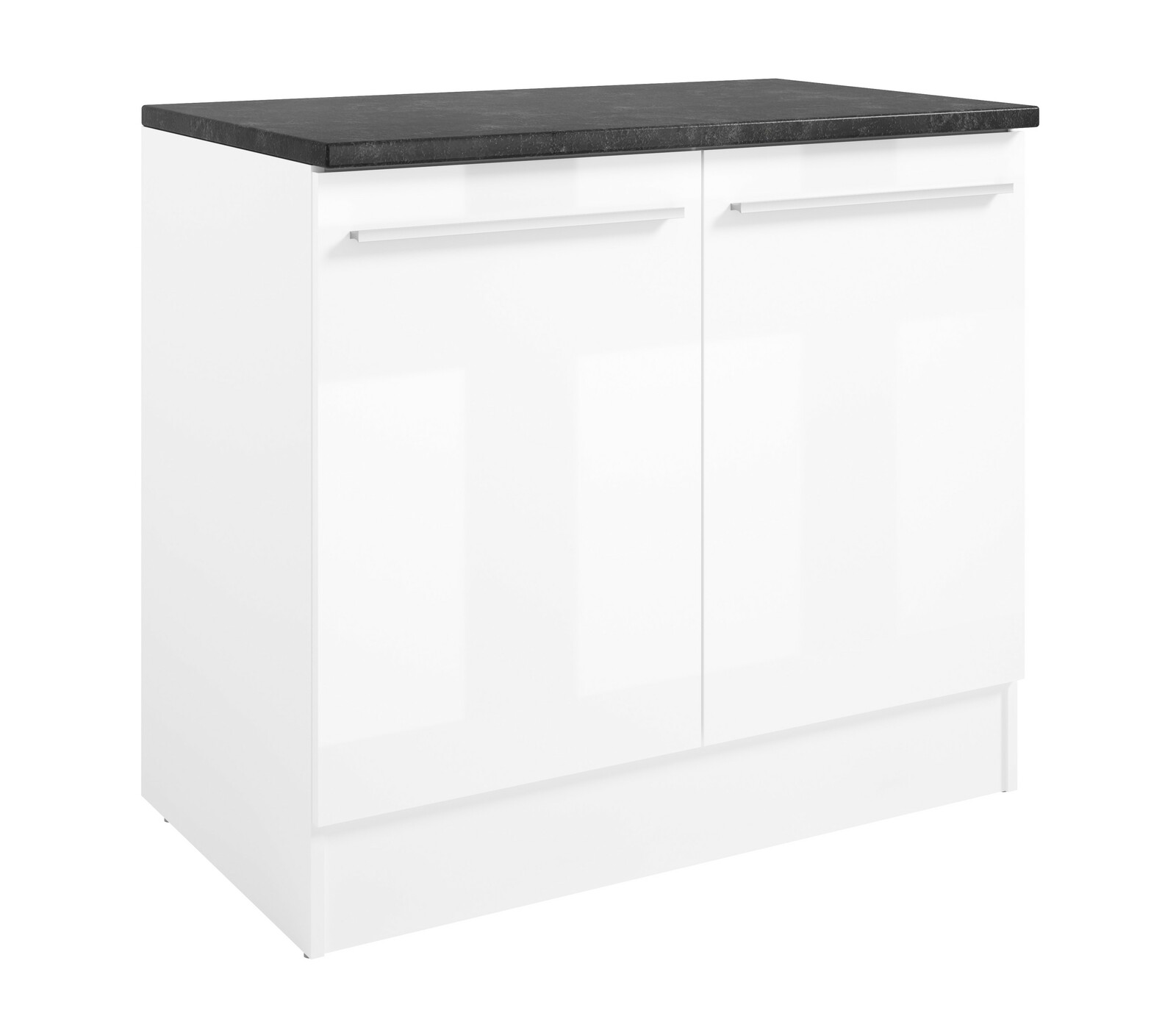 Yourkitchen Spülenunterschrank JAZZ Moderner weißer Spülenunterschrank mit zwei Türen und dunkler Arbeitsplatte, seitliche Perspektive