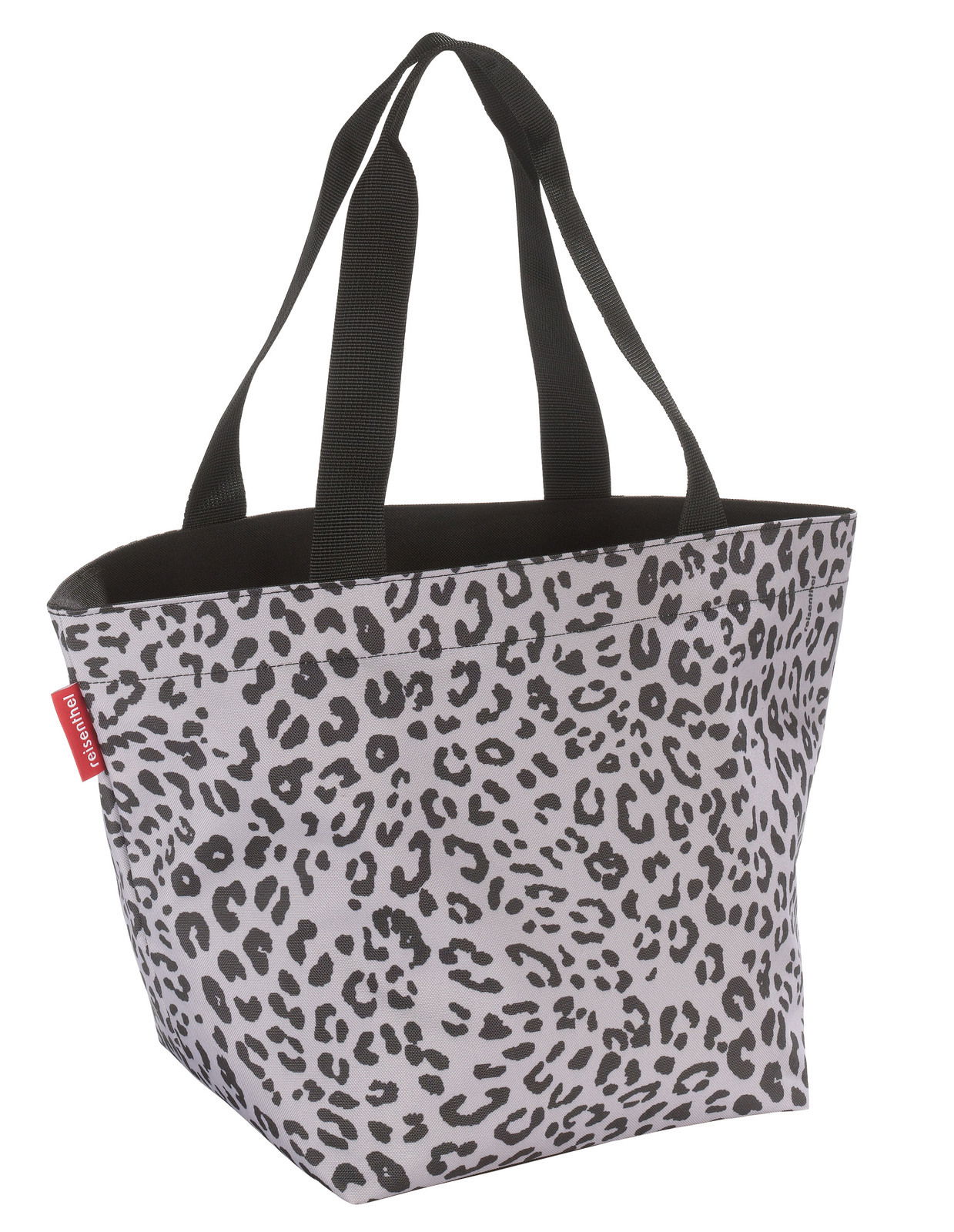 Leopardenmuster Shopper-Tasche mit schwarzen Henkeln, seitliche Perspektive