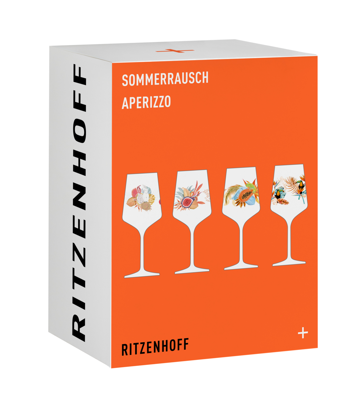 Verpackung des Ritzenhoff Aperizzo 4er-Sets mit bunten, floralen Designs auf den Gläsern, seitliche Perspektive