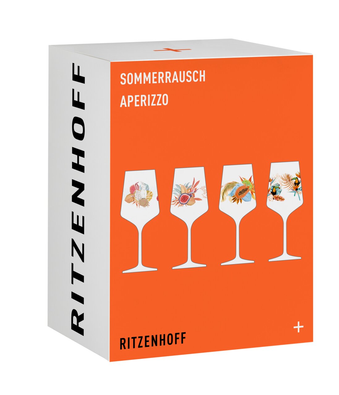Verpackung des Ritzenhoff Aperizzo 4er-Sets mit bunten, floralen Designs auf den Gläsern, seitliche Perspektive