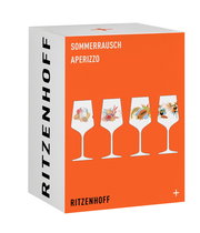 Verpackung des Ritzenhoff Aperizzo 4er-Sets mit bunten, floralen Designs auf den Gläsern, seitliche Perspektive