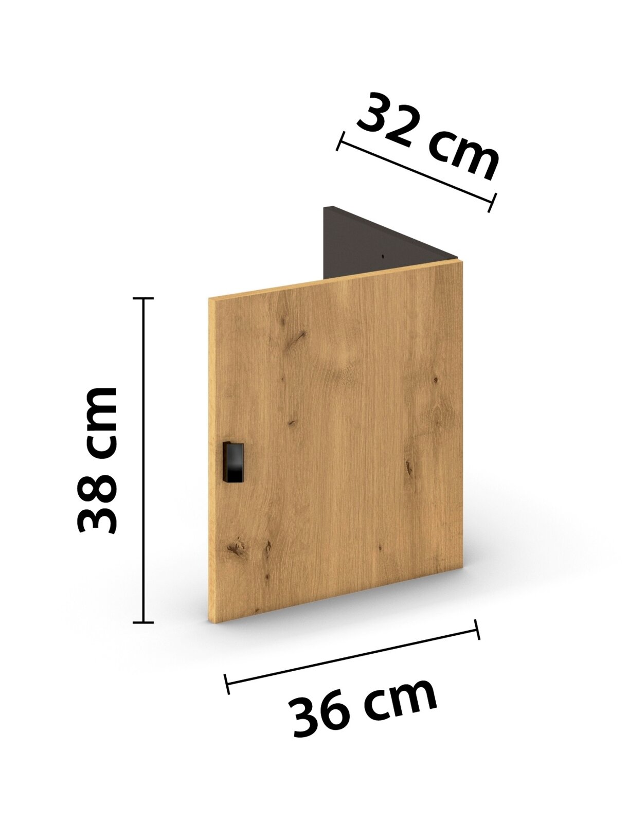 Draaideur voor houten kastelement in eikenlook, afmetingen 38 cm x 36 cm x 32 cm, zijaanzicht