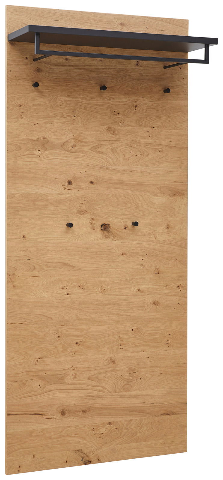 Dieter Knoll XL-Garderobenpaneel SAVONA Frontale Ansicht eines XL-Garderobenpaneels aus Holz mit schwarzer Ablage und Haken.