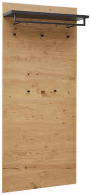 Frontale Ansicht eines XL-Garderobenpaneels aus Holz mit schwarzer Ablage und Haken.