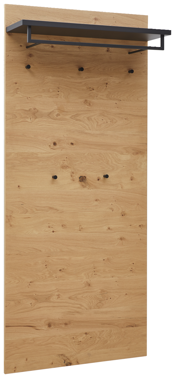 Frontale Ansicht eines XL-Garderobenpaneels aus Holz mit schwarzer Ablage und Haken.