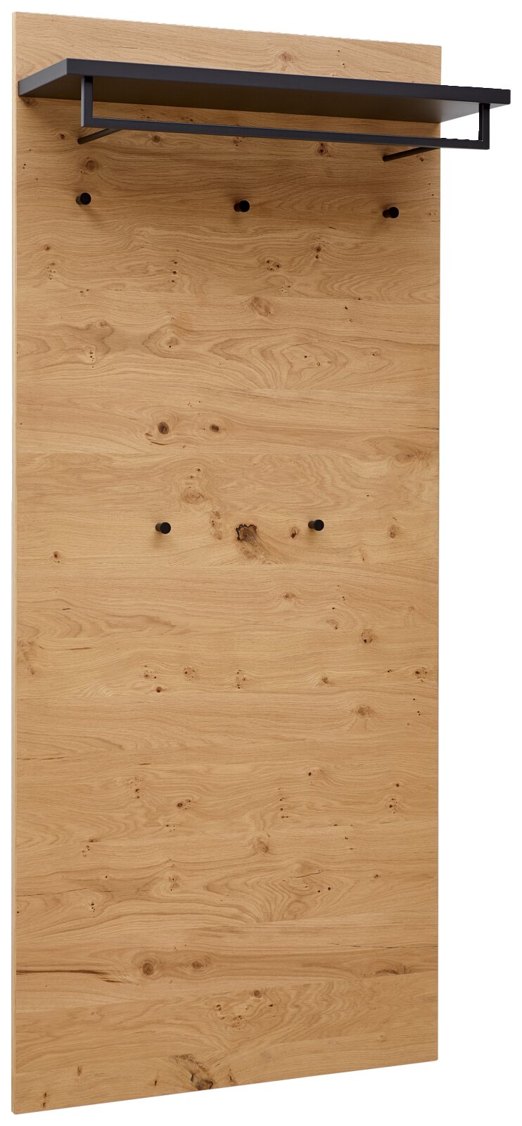 Vooraanzicht van een XL-garderobepaneel van hout met een zwart legplankje en haken.