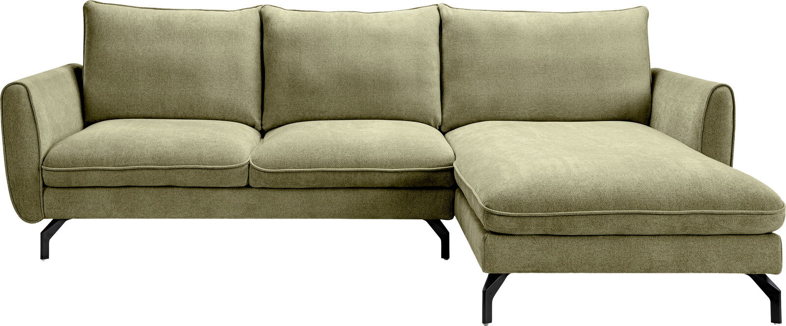 Olivgrünes 3-Sitzer-Ecksofa mit rechter Ottomane/Chaiselongue, gepolsterten Armlehnen und schwarzen Metallfüßen, freigestellt auf weißem Hintergrund, Frontansicht.