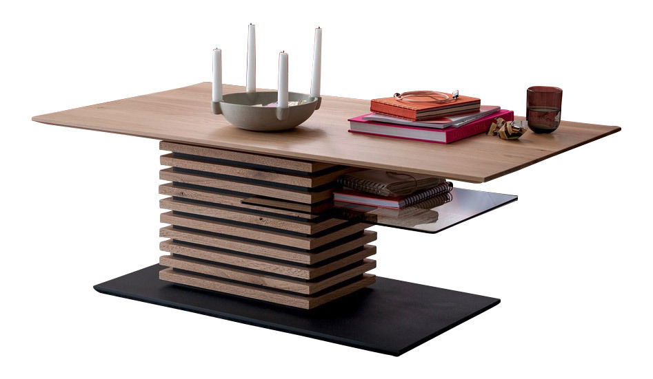 Moderner Couchtisch mit gestapeltem Holzdesign und rechteckiger Tischplatte, seitliche Perspektive