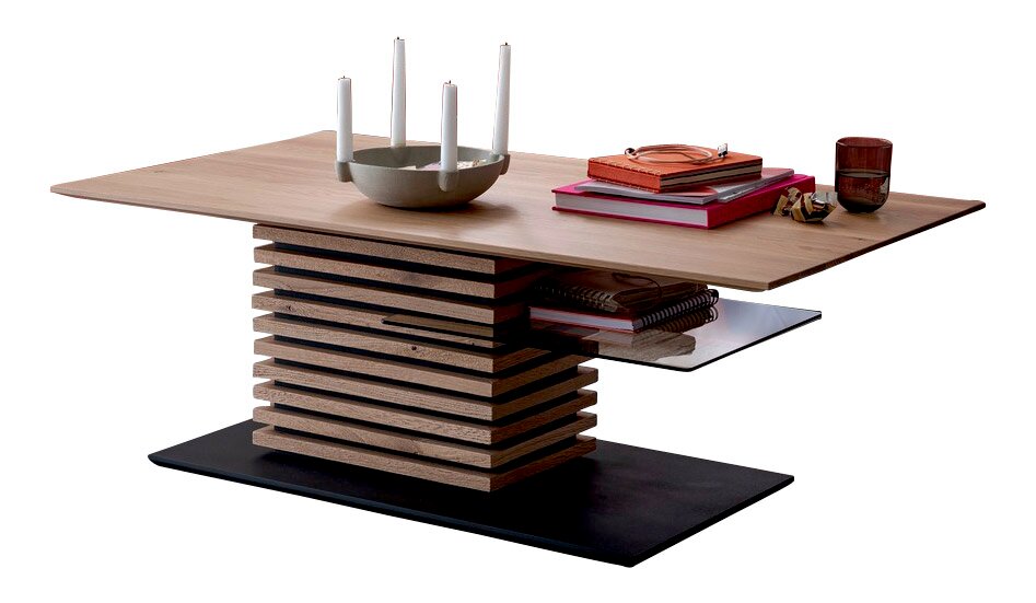 Schöner Wohnen Couchtisch YONNA Moderner Couchtisch mit gestapeltem Holzdesign und rechteckiger Tischplatte, seitliche Perspektive