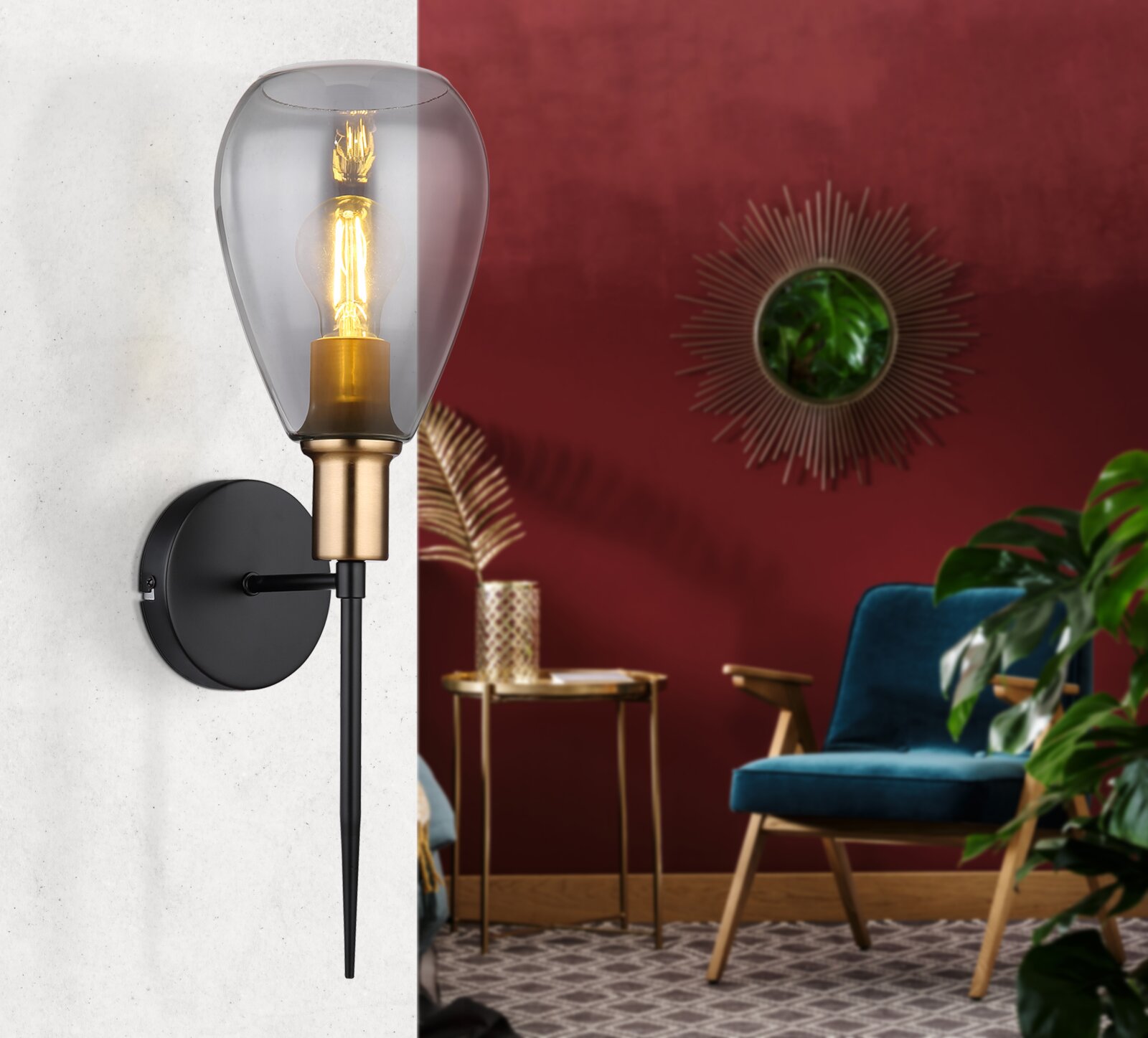 Globo Lighting Wandleuchte FANNI Moderne Wandleuchte mit schwarzem Sockel und goldener Fassung, seitliche Perspektive