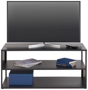 TV-Regalelement in Frontalansicht mit Fernseher, Fernbedienung, Büchern und einer blauen Box auf den Regalböden.