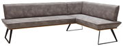 Eckbank in L-Form, 243x163 cm, mit grauem Polster und modernen Metallbeinen, seitliche Perspektive