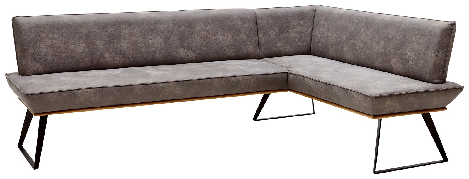 Voleo Eckbank MALIBU Eckbank in L-Form, 243x163 cm, mit grauem Polster und modernen Metallbeinen, seitliche Perspektive