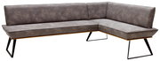 Eckbank in L-Form, 243x163 cm, mit grauem Polster und modernen Metallbeinen, seitliche Perspektive