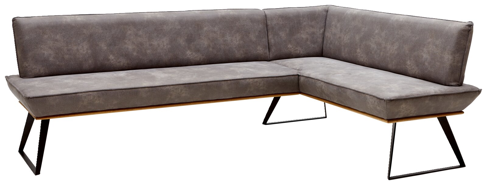 Eckbank in L-Form, 243x163 cm, mit grauem Polster und modernen Metallbeinen, seitliche Perspektive