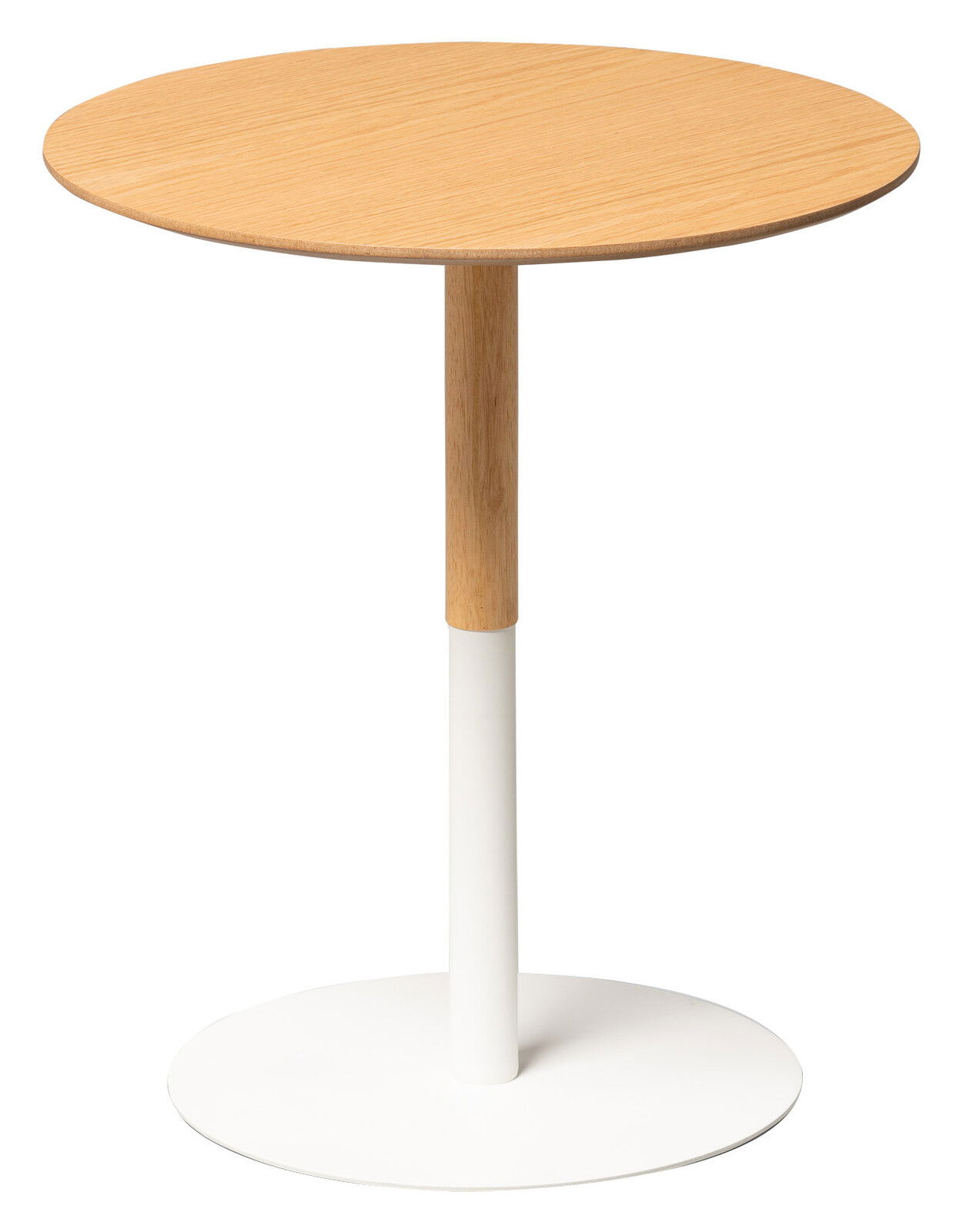 XORA Beistelltisch ZOE Runder Beistelltisch mit Holzplatte und weißem Metallfuß, seitliche Perspektive