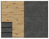 Frontansicht eines 2-türigen Schwebetürenschranks mit einer Kombination aus Holz- und Betonoptik.