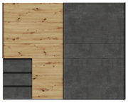 Frontansicht eines 2-türigen Schwebetürenschranks mit einer Kombination aus Holz- und Betonoptik.