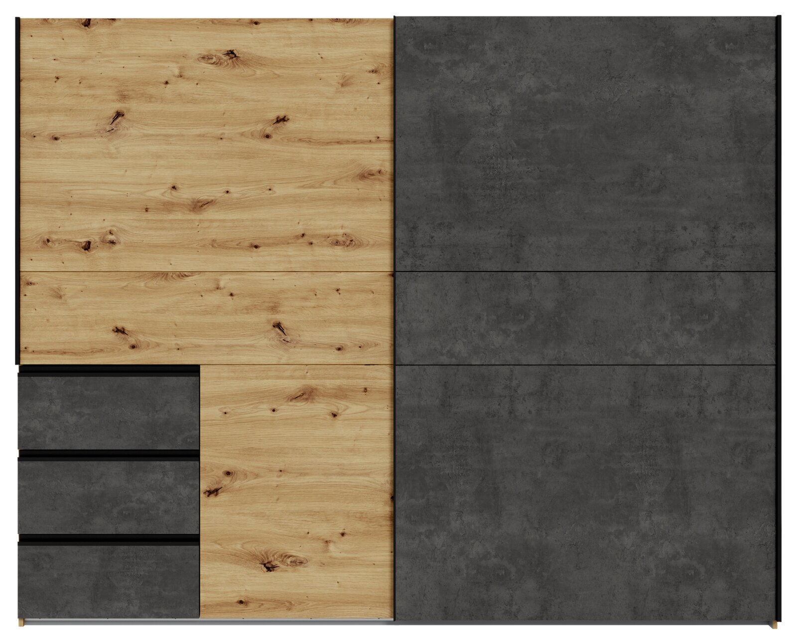 Frontansicht eines 2-türigen Schwebetürenschranks mit einer Kombination aus Holz- und Betonoptik.