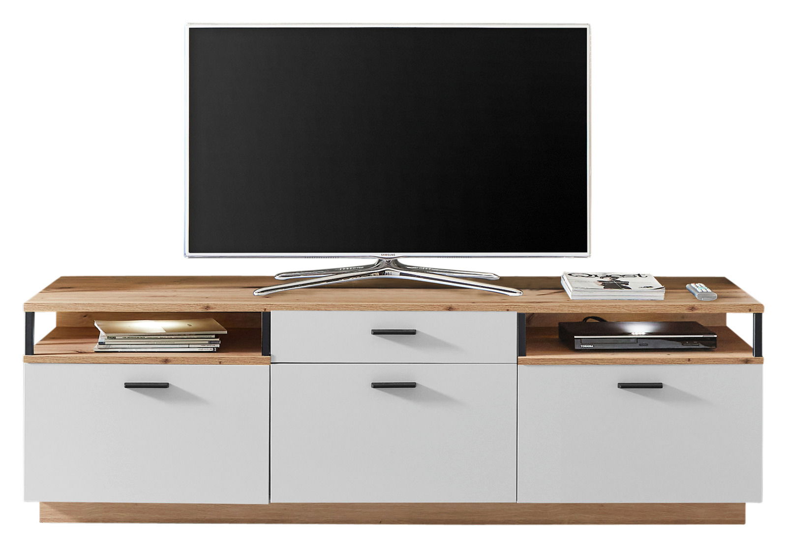 XORA TV-Lowboard BAMEOS TV-Lowboard in moderner Frontansicht mit Holz- und Weißtönen, ausgestattet mit Stauraum und Ablageflächen für Elektronikgeräte.